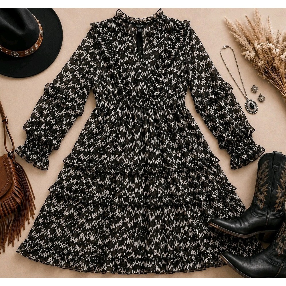 Scoop Dress Medium Black White Tiered Ruffle Mini Sheer Lined Boho Romantic